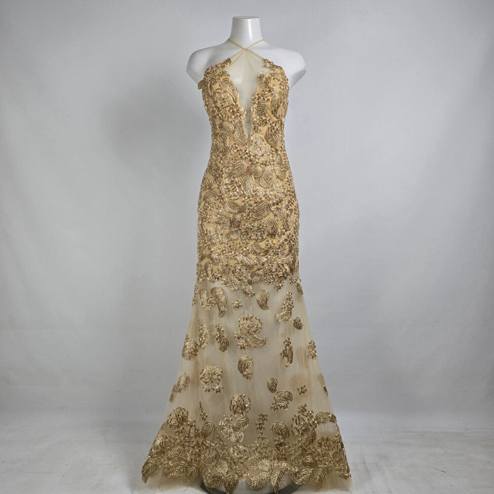 Angela & Alison Gold Embroidered Halter Eventwear Gown Size 12 Style 91084